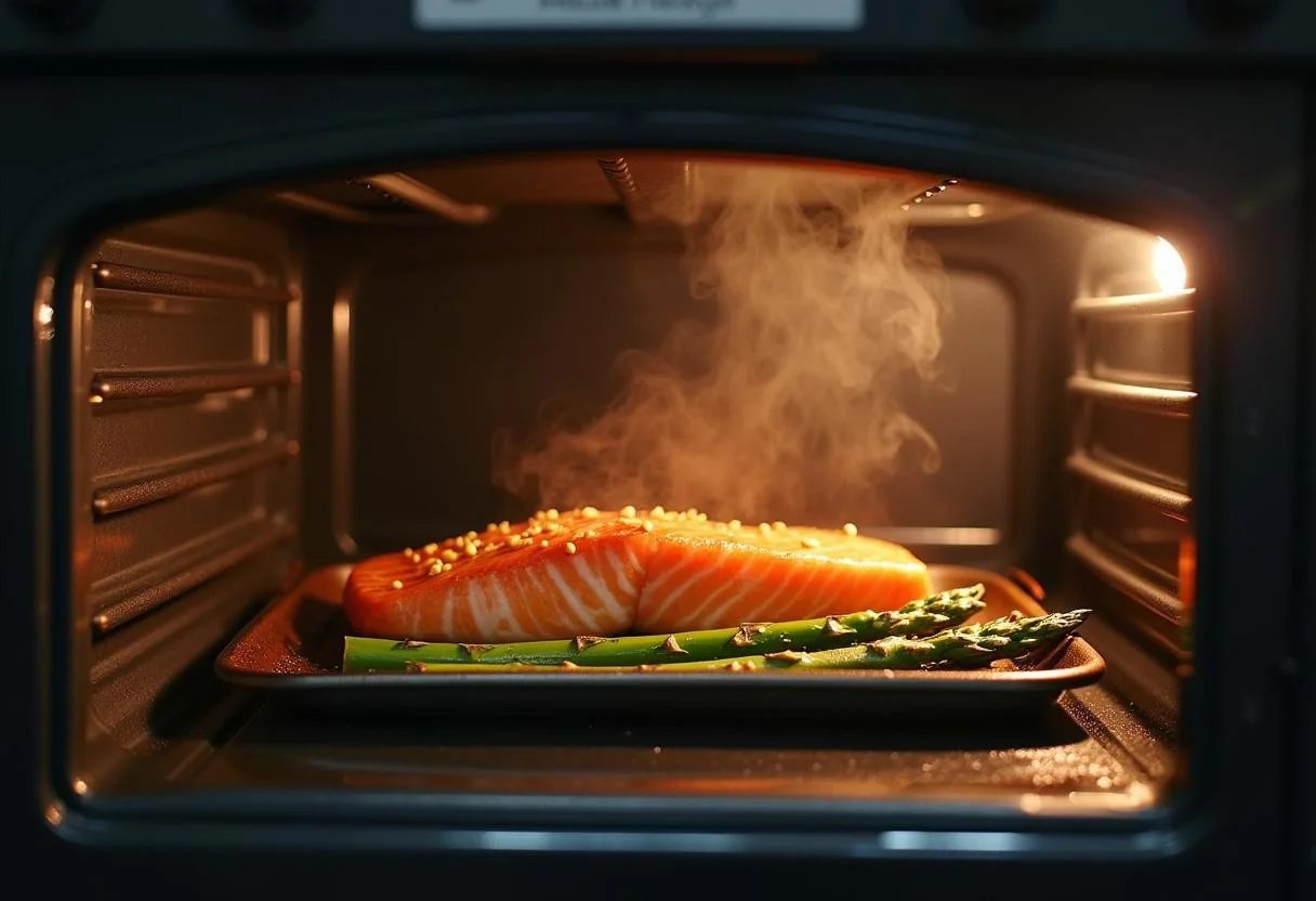 Salmon and asparagus baking in the oven for Mr. and Mrs. Smith Angelina Jolie's Secret Agent Salmon with Roasted Asparagus.