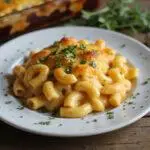 Final presentation of Jennifer Lawrence's Maddie's Mac and Cheese Bake, featuring a golden crust and creamy interior, ready to serve.
