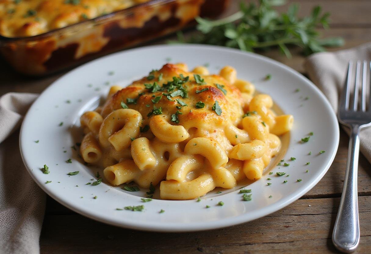 Final presentation of Jennifer Lawrence's Maddie's Mac and Cheese Bake, featuring a golden crust and creamy interior, ready to serve.