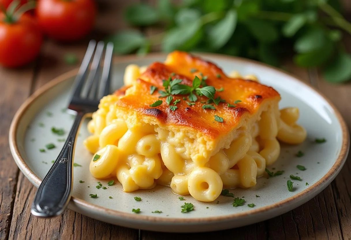 Final presentation of Jennifer Lawrence's Maddie's Mac and Cheese Bake, featuring a golden crust and creamy interior, ready to serve.