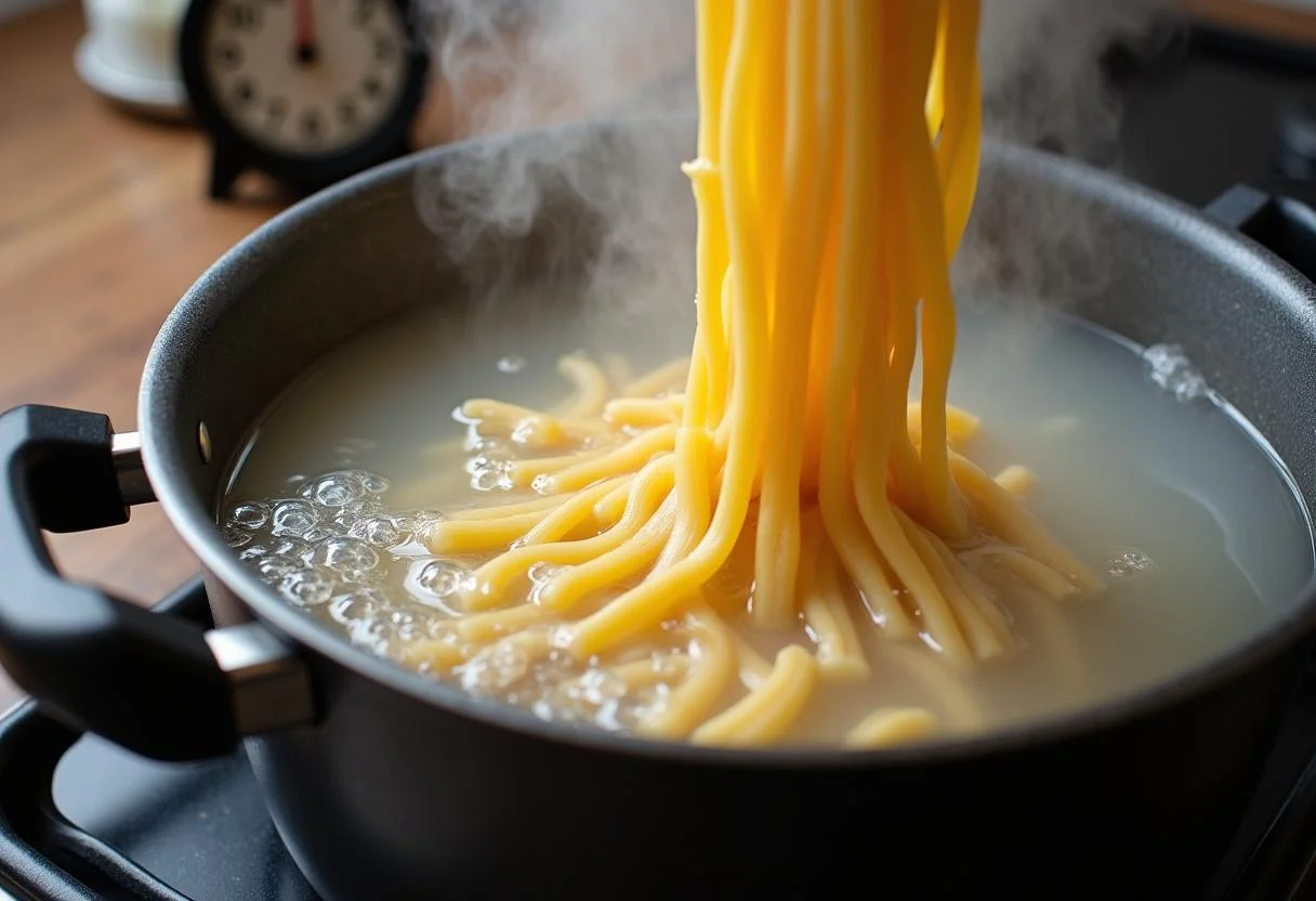 Cooking pasta for Jennifer Lawrence's Maddie's Mac and Cheese Bake in a boiling pot, vital for perfect texture.