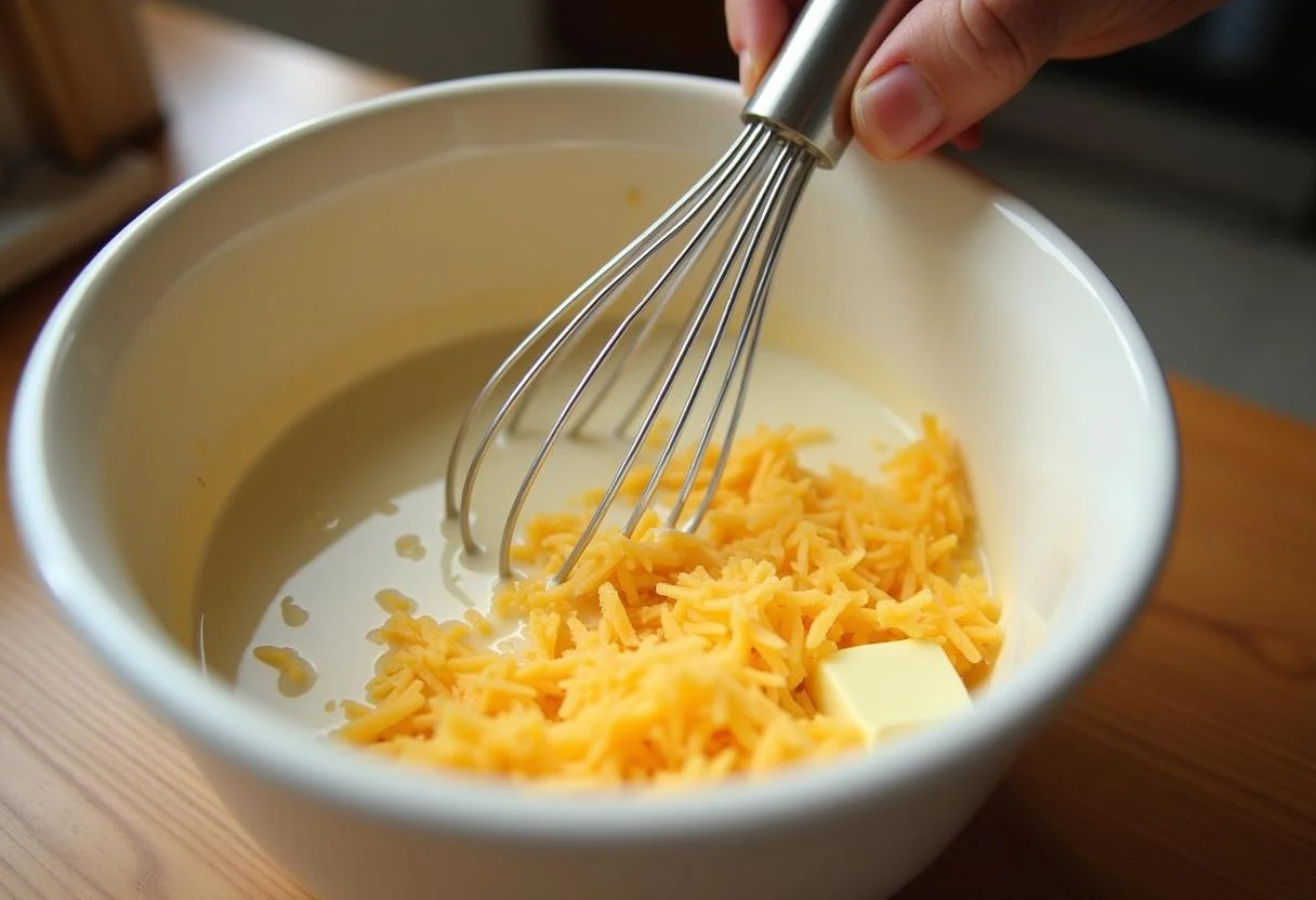 Mixing cheese and milk for Maddie's Mac and Cheese Bake from No Hard Feelings, creating a creamy sauce.