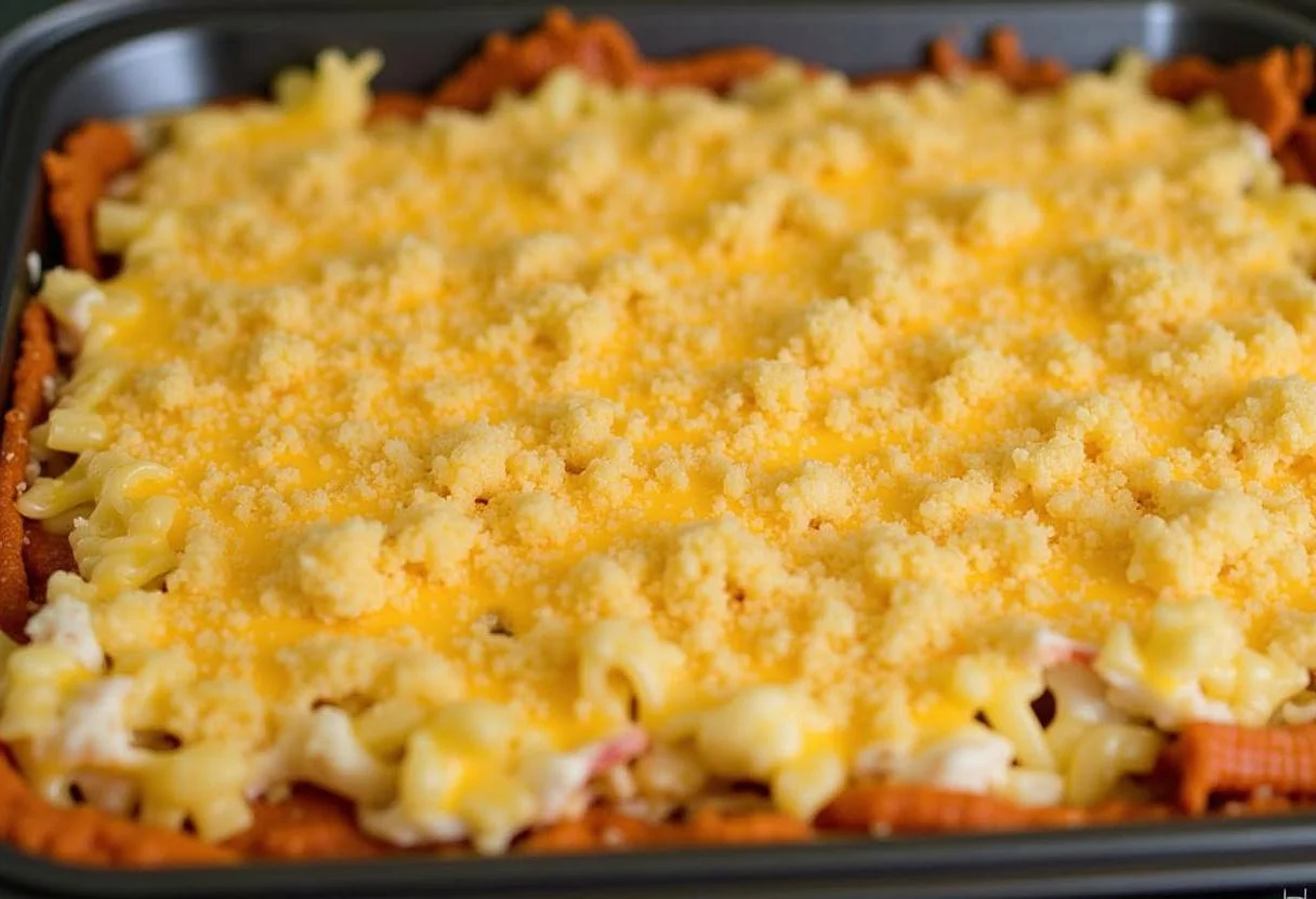 Layering pasta and cheese sauce in Jennifer Lawrence's Maddie's Mac and Cheese Bake, preparing for baking perfection.