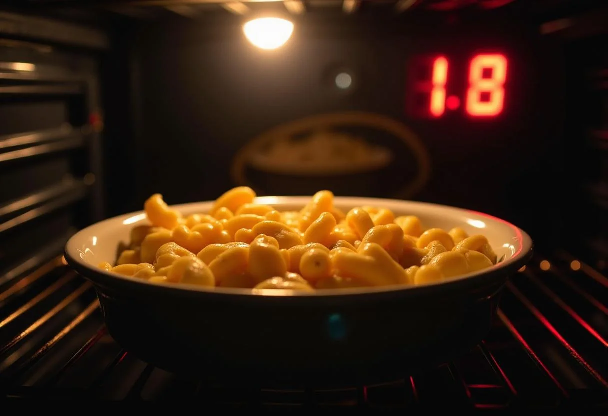 Baking Maddie's Mac and Cheese from No Hard Feelings, ensuring a golden and bubbling top.