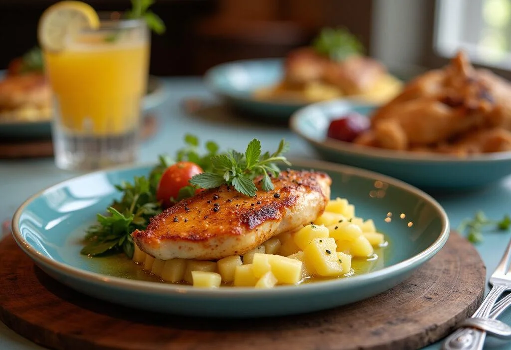 Final presentation of No Time to Die Ana de Armas's Paloma Pineapple Chicken on a stylish table, ready to be enjoyed in a delightful meal setting.