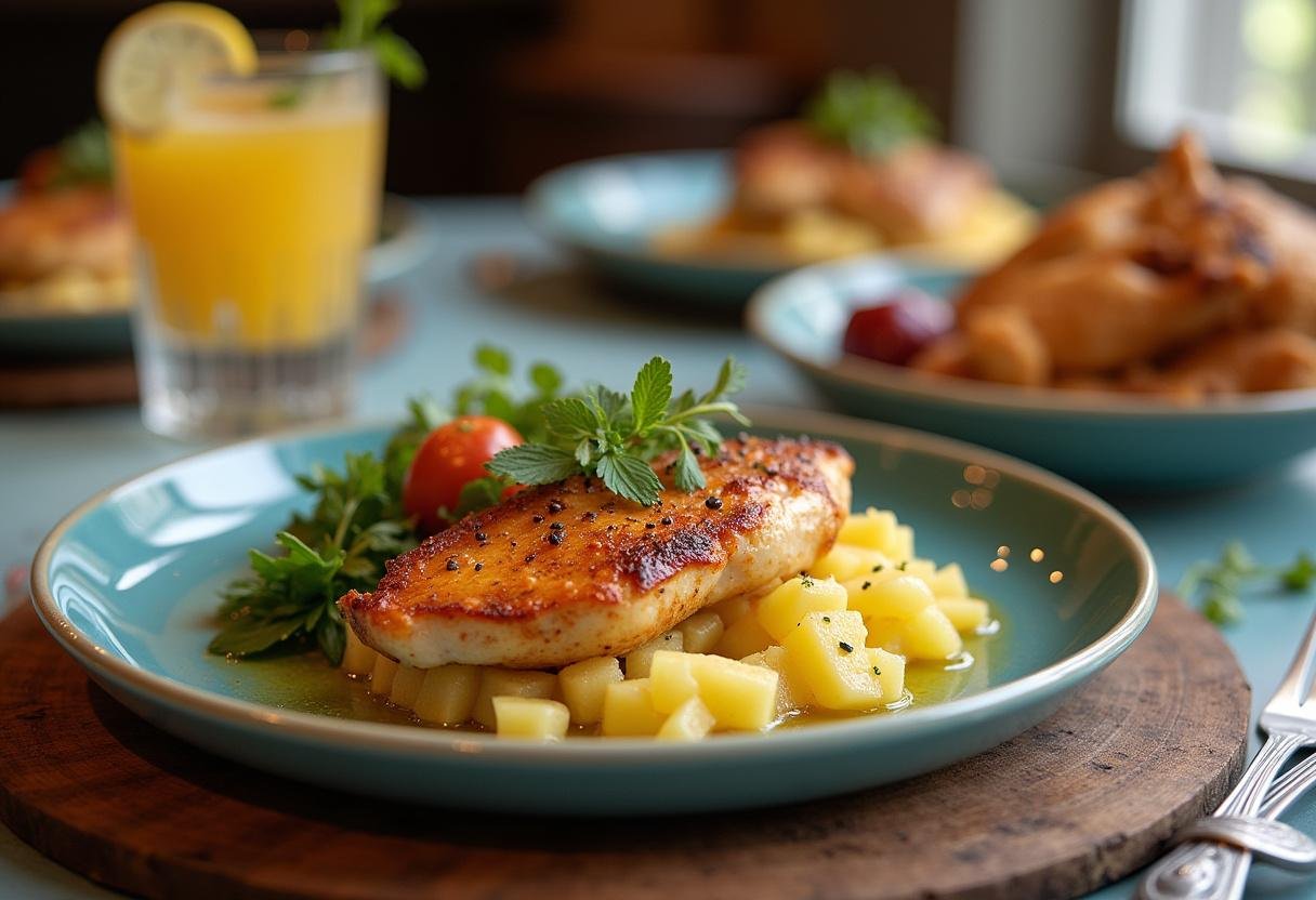 Final presentation of No Time to Die Ana de Armas's Paloma Pineapple Chicken on a stylish table, ready to be enjoyed in a delightful meal setting.