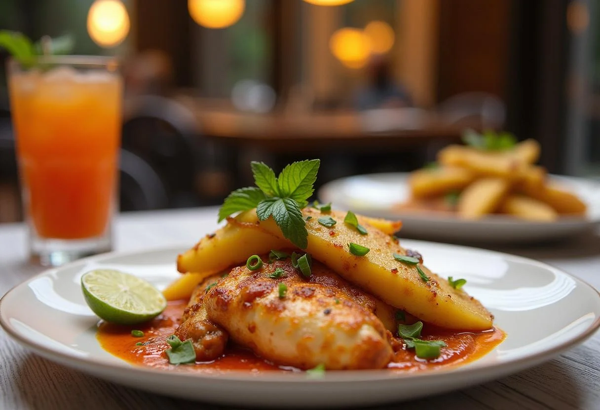 Final presentation of No Time to Die Ana de Armas's Paloma Pineapple Chicken on a stylish table, ready to be enjoyed in a delightful meal setting.