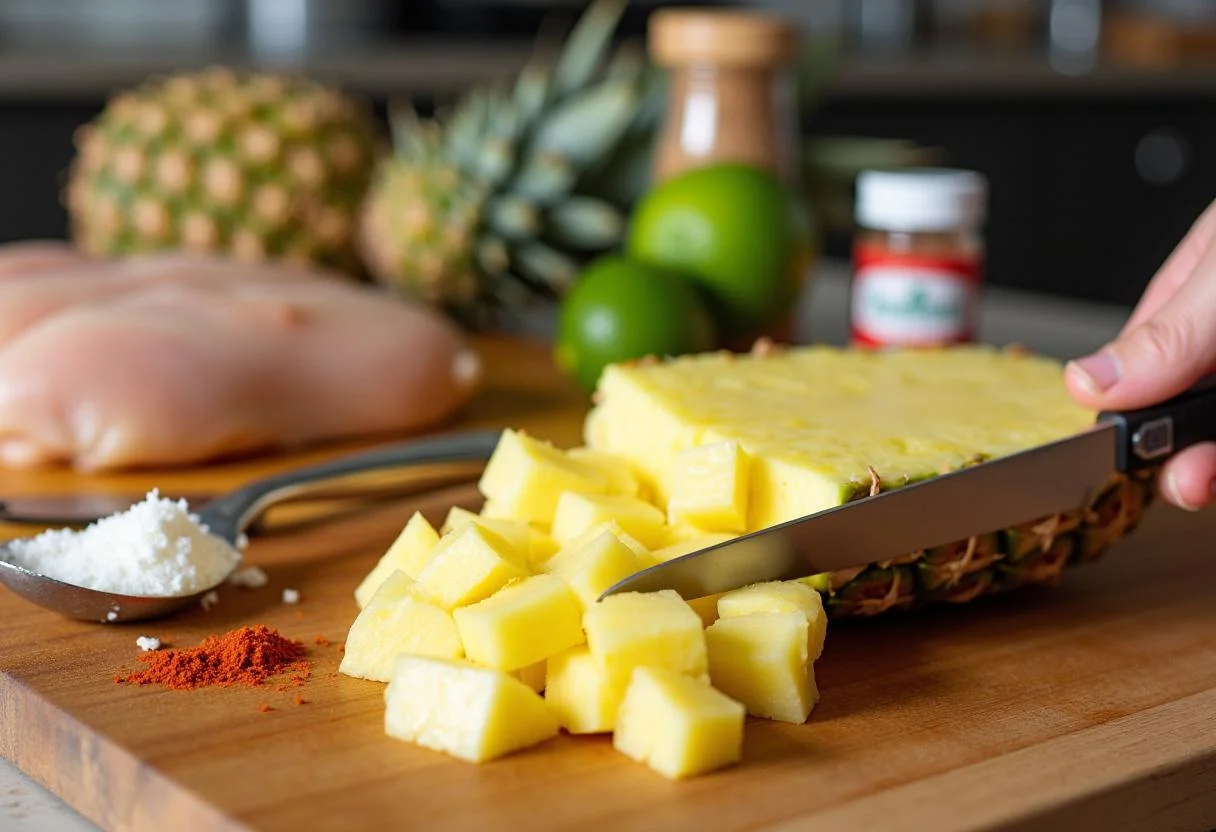 Preparing ingredients for No Time to Die Ana de Armas's Paloma Pineapple Chicken: fresh pineapple, chicken, lime, and spices on a wooden counter.