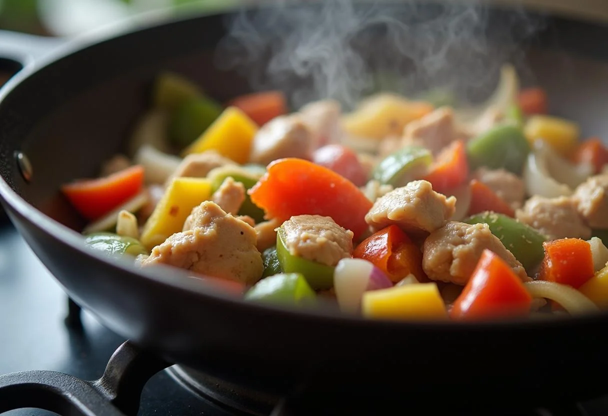 Cooking chicken with bell peppers and onions for No Time to Die Ana de Armas's Paloma Pineapple Chicken in a frying pan, creating a flavorful mixture.