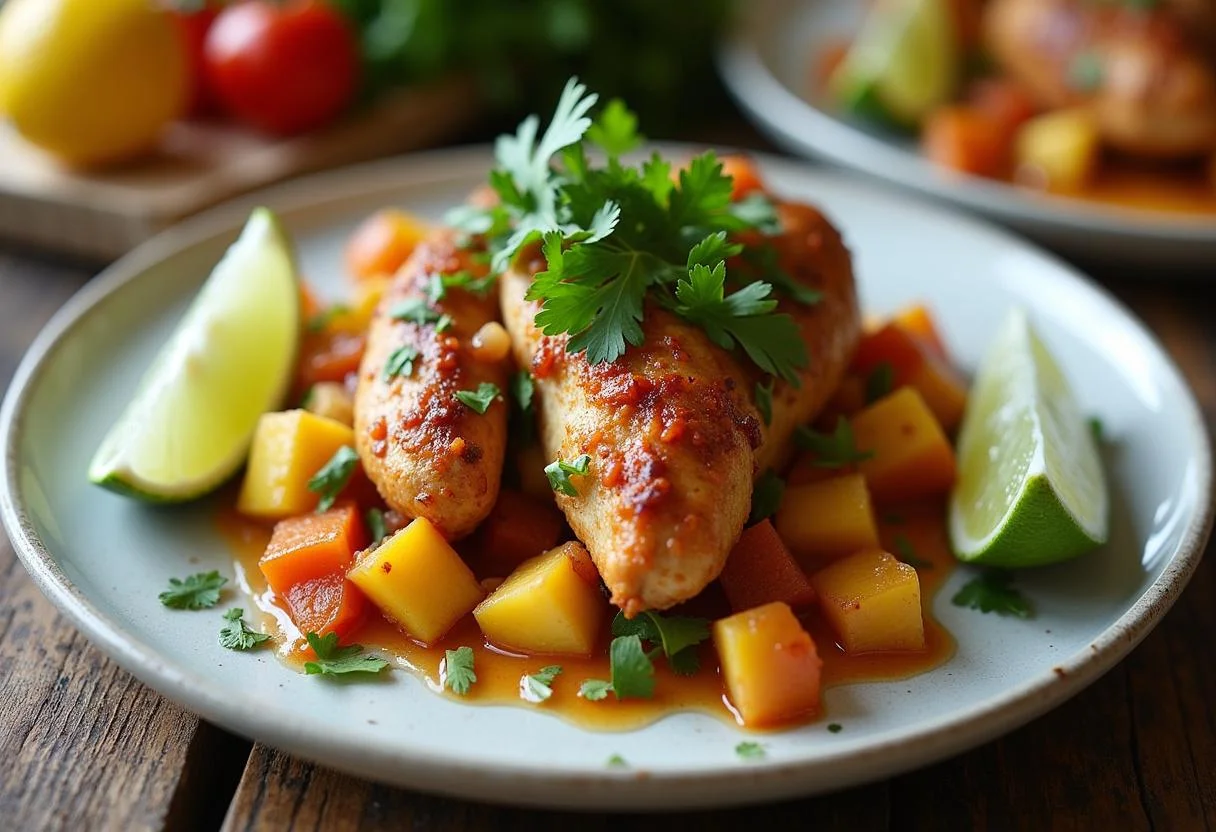 Serving a colorful plate of No Time to Die Ana de Armas's Paloma Pineapple Chicken with lime and cilantro garnish, presenting a delightful meal.