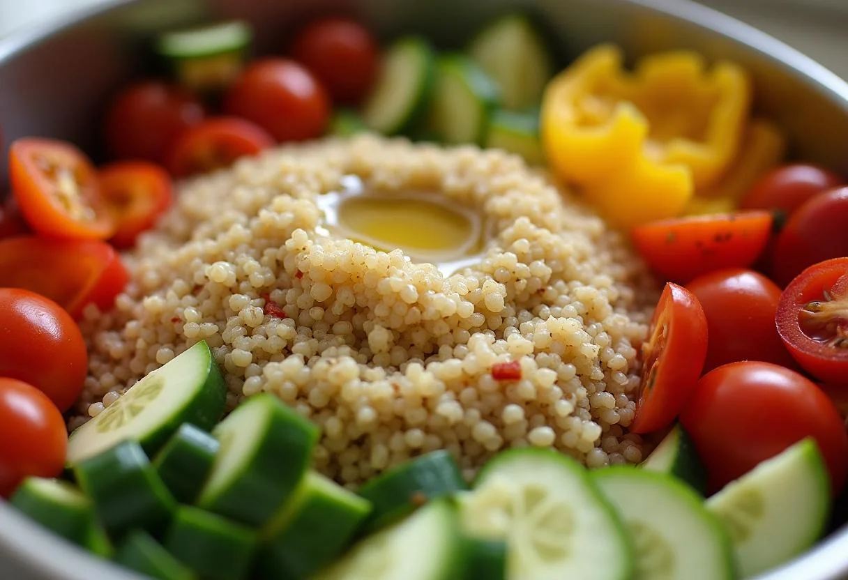 Prepare On The Floor Jennifer Lopez's Dance-Ready Quinoa Salad with cooked quinoa and vibrant fresh veggies.