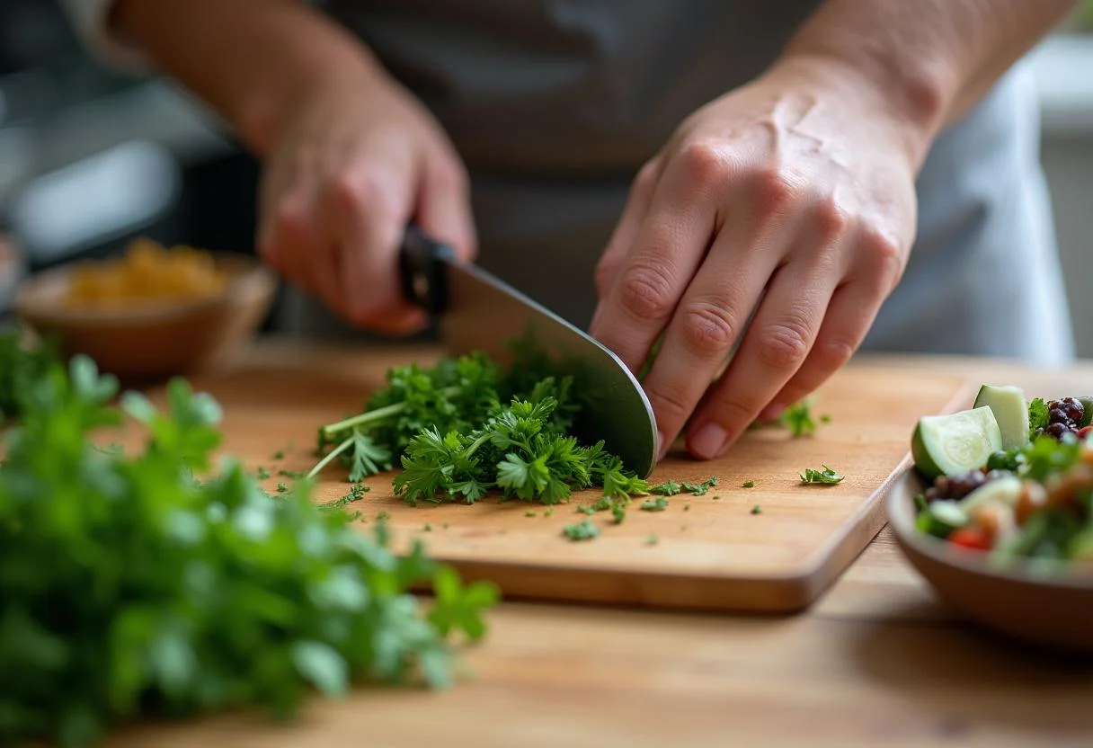 Chop fresh herbs for On The Floor Jennifer Lopez's Dance-Ready Quinoa Salad to enhance freshness and flavor.