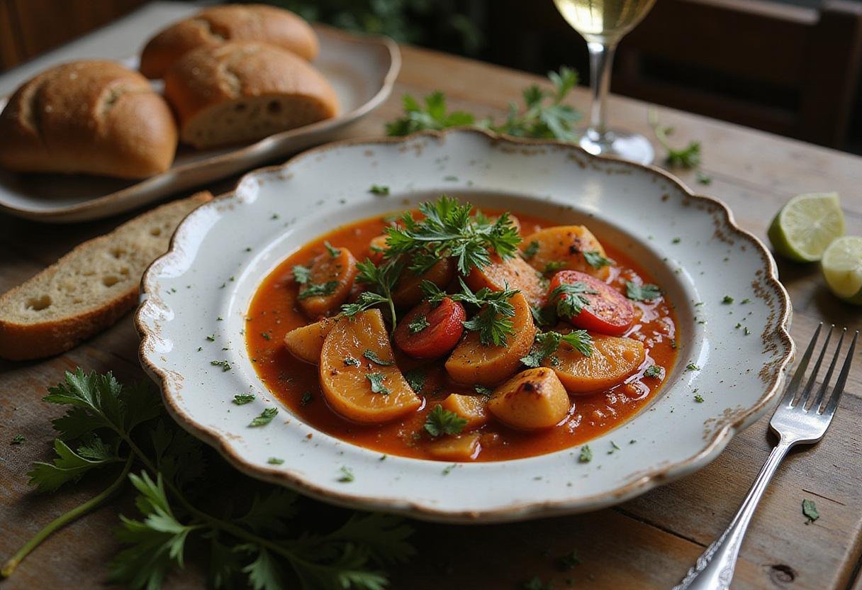 The final presentation of Pain and Glory Penélope Cruz's Mellow Mediterranean Medley, showcasing a colorful and inviting dish perfect for Mediterranean dining.