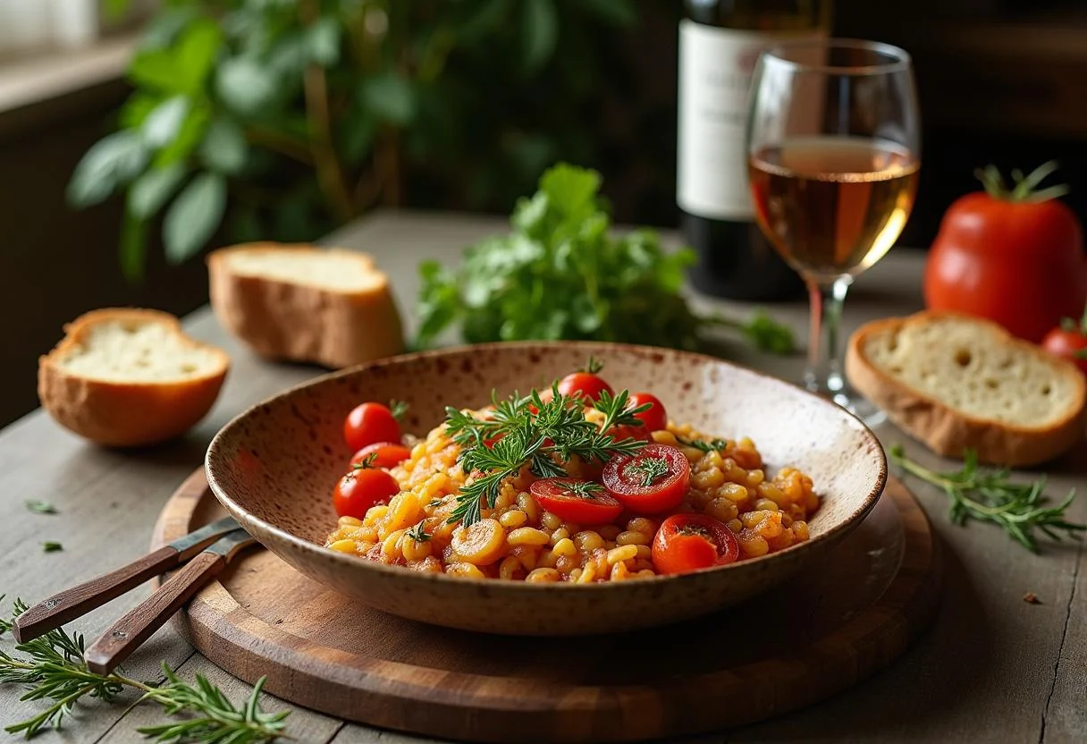 The final presentation of Pain and Glory Penélope Cruz's Mellow Mediterranean Medley, showcasing a colorful and inviting dish perfect for Mediterranean dining.