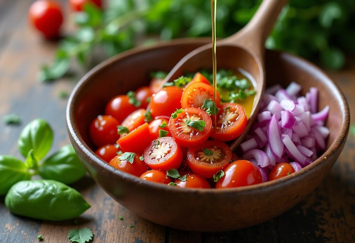 Fresh ingredients for Pain and Glory Penélope Cruz's Mellow Mediterranean Medley including cherry tomatoes, bell peppers, onions, and herbs.