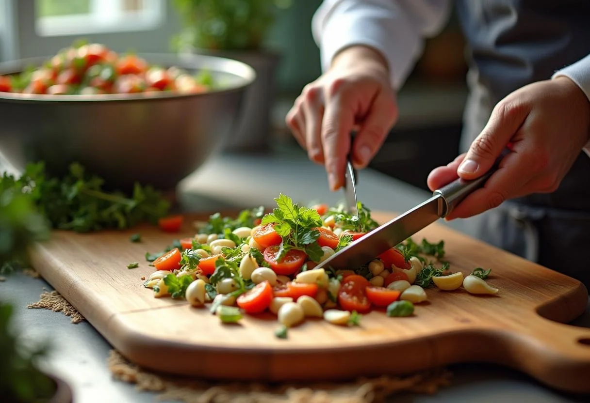 Chopping garlic for Pain and Glory Penélope Cruz's Mellow Mediterranean Medley, creating a flavorful mix of Mediterranean vegetables.