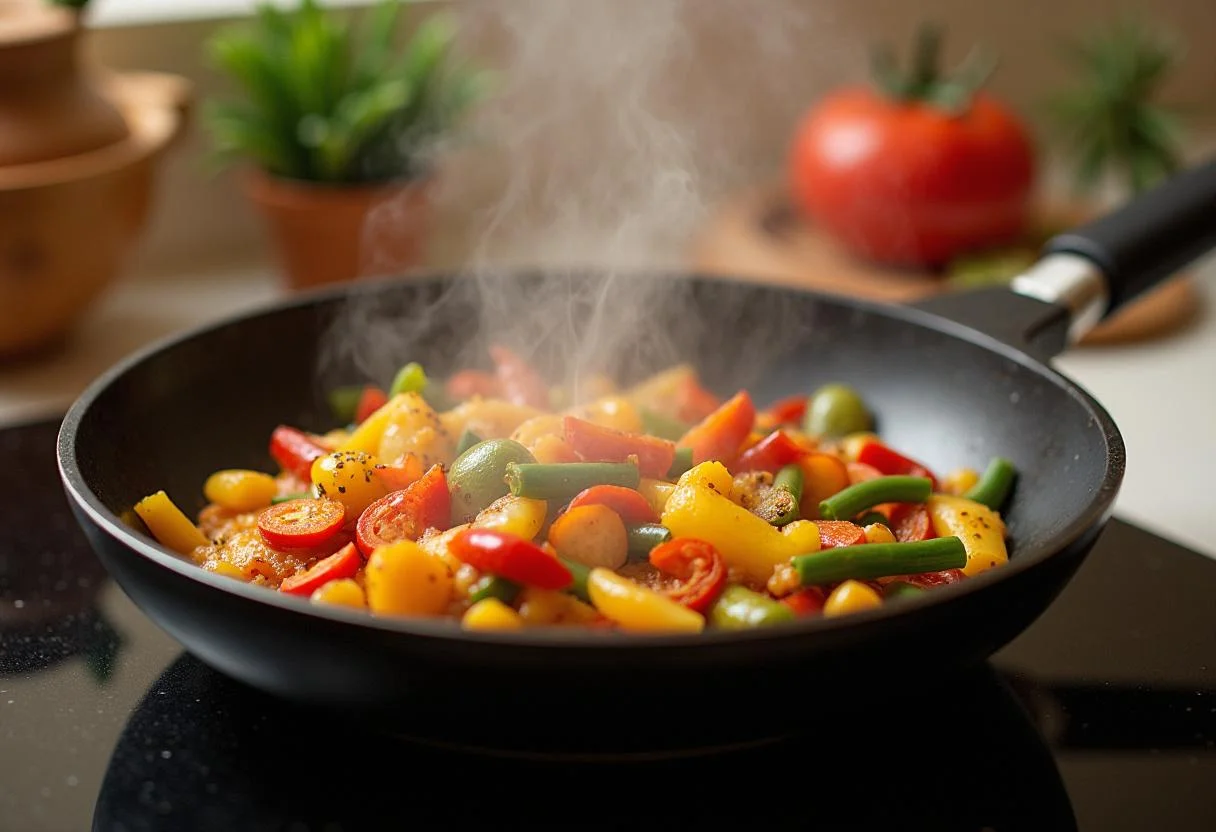 Sautéing vegetables for Pain and Glory Penélope Cruz's Mellow Mediterranean Medley, capturing the delightful aroma and vibrant colors of the dish.
