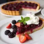 Gorgeous slice of Poor Things Emma Stone's Bella Baxter Berry Tart with whipped cream and mint, perfectly plated for serving.
