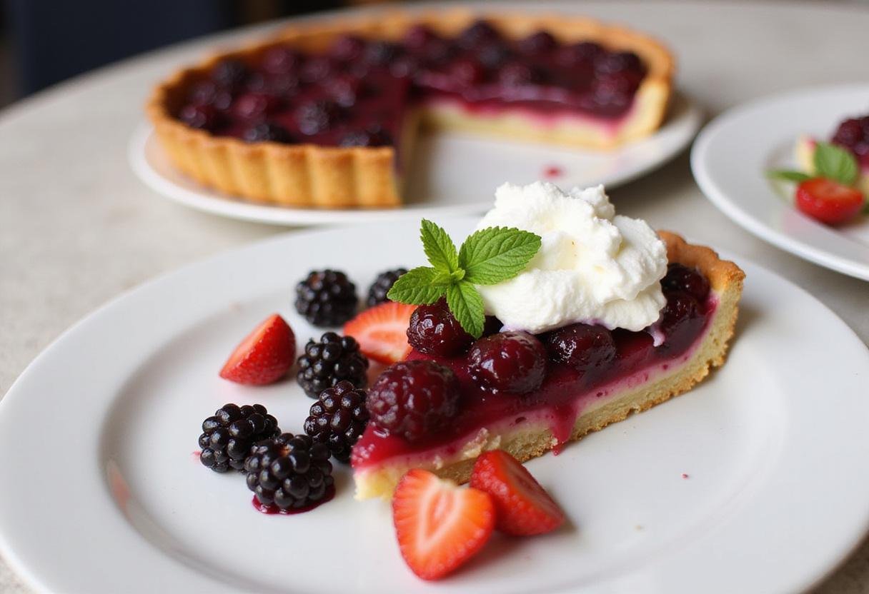 Gorgeous slice of Poor Things Emma Stone's Bella Baxter Berry Tart with whipped cream and mint, perfectly plated for serving.