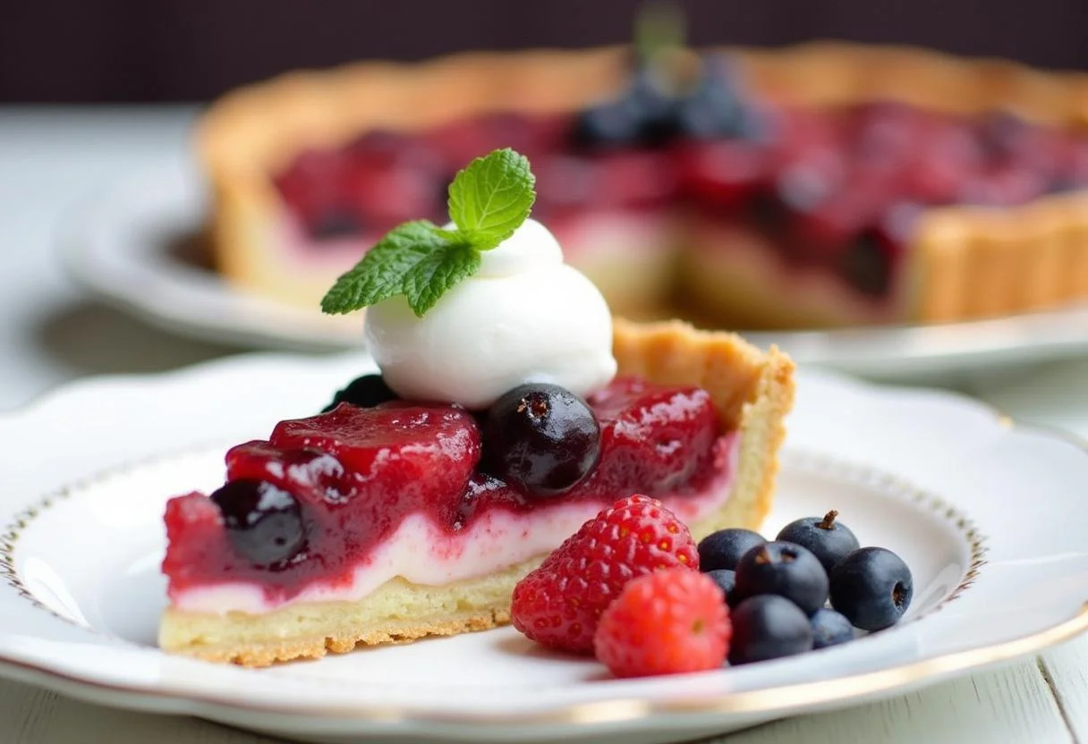 Gorgeous slice of Poor Things Emma Stone's Bella Baxter Berry Tart with whipped cream and mint, perfectly plated for serving.