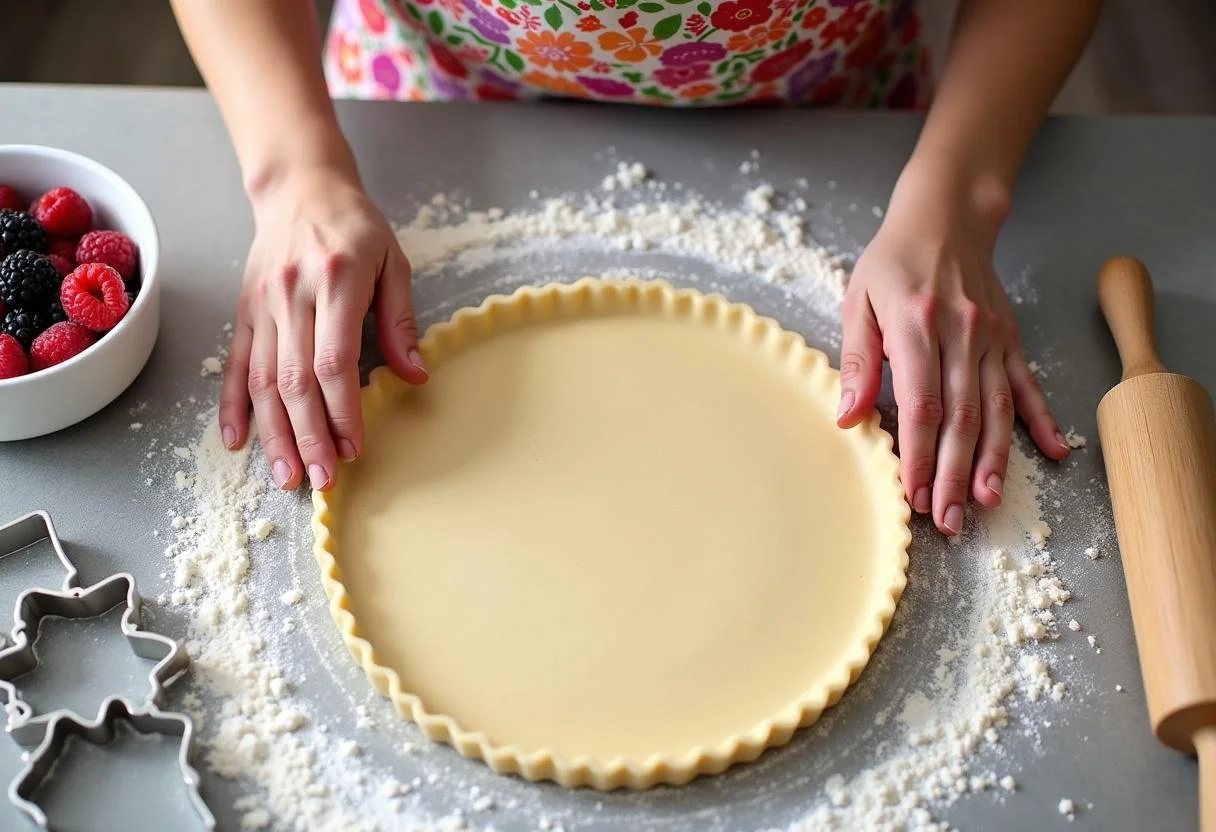 Rolling out pastry dough for Poor Things Emma Stone's Bella Baxter Berry Tart with mixed berries on the side.