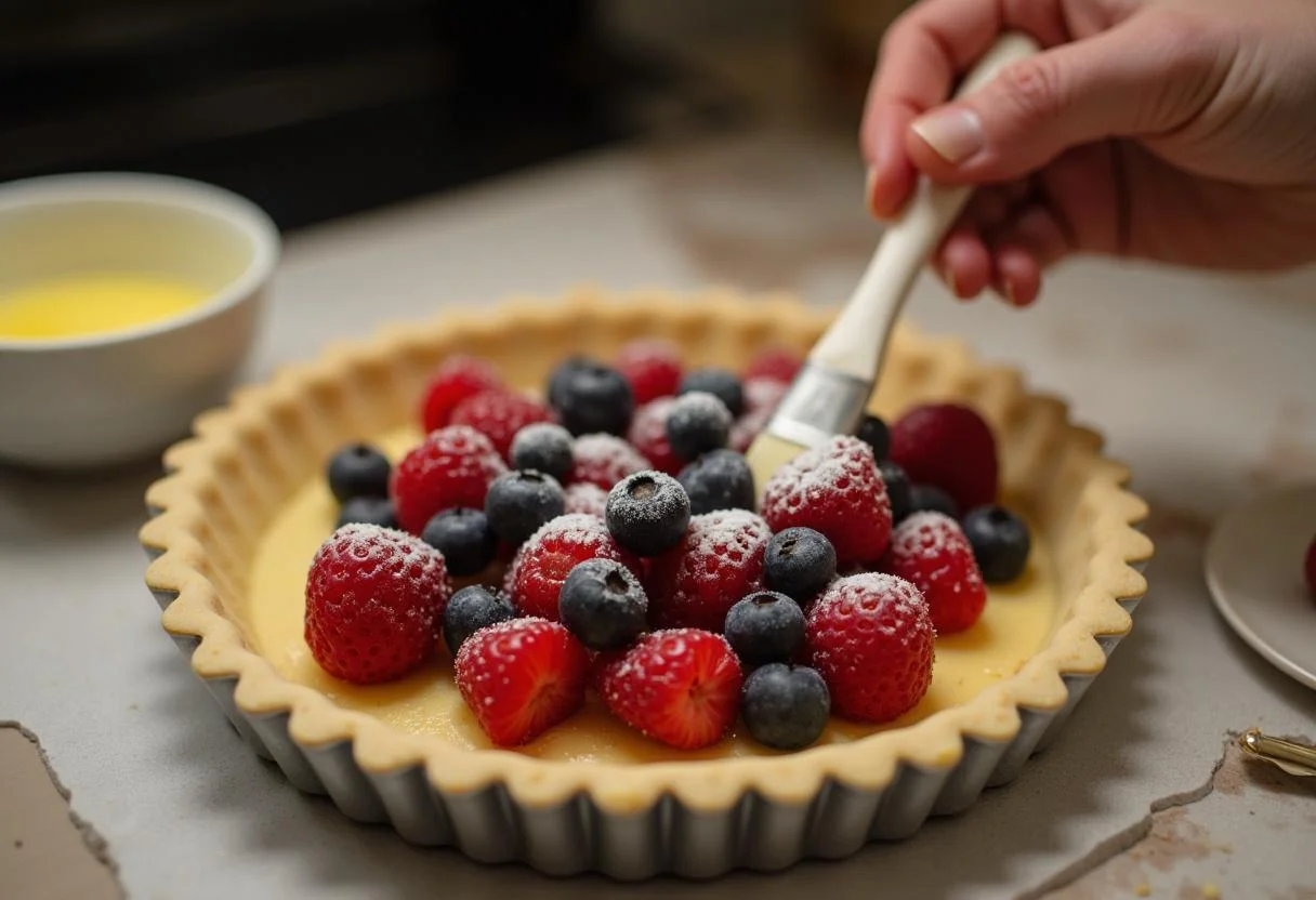 Arranging fresh berries on a tart crust for Poor Things Emma Stone's Bella Baxter Berry Tart, with a cozy kitchen atmosphere.