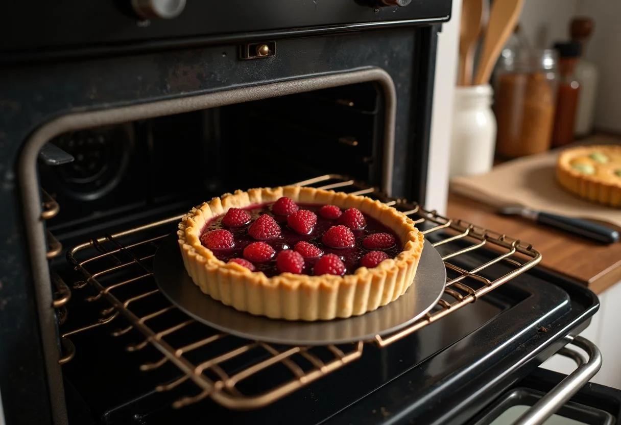 Poor Things Emma Stone's Bella Baxter Berry Tart baking in the oven with a golden-brown crust and bubbling berries.
