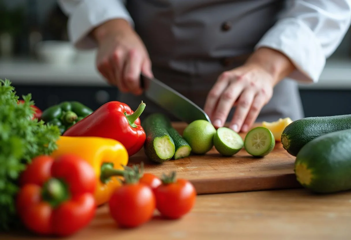 Chopping fresh vegetables for Puss in Boots Salma Hayek's Kitty Softpaws' Perfect Pasta Primavera, vibrant bell peppers, zucchini, and cherry tomatoes.