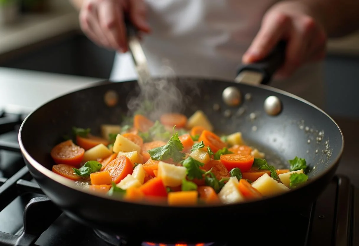 Sautéing fresh vegetables for Puss in Boots Salma Hayek's Kitty Softpaws' Perfect Pasta Primavera in a large pan, showcasing colorful ingredients and steam.