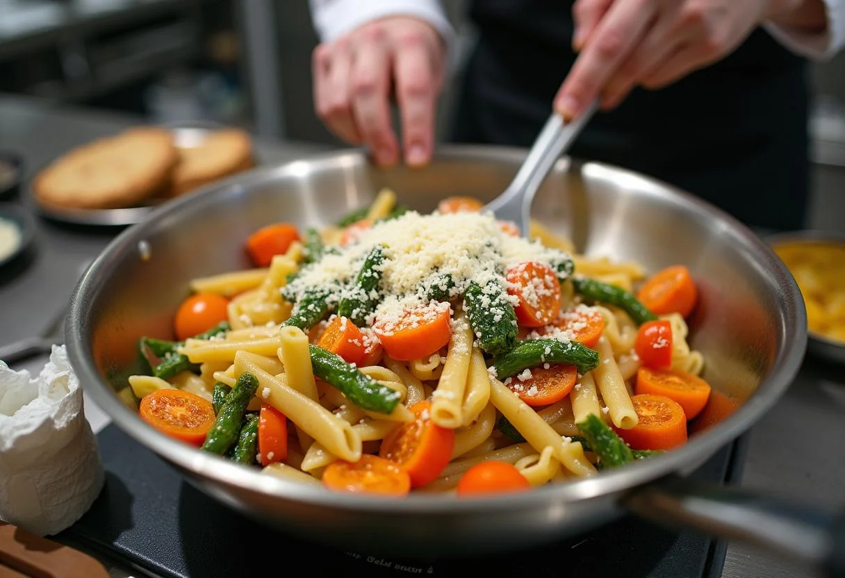 Mixing pasta and sautéed vegetables for Puss in Boots Salma Hayek's Kitty Softpaws' Perfect Pasta Primavera, showcasing vibrant colors and delicious textures.