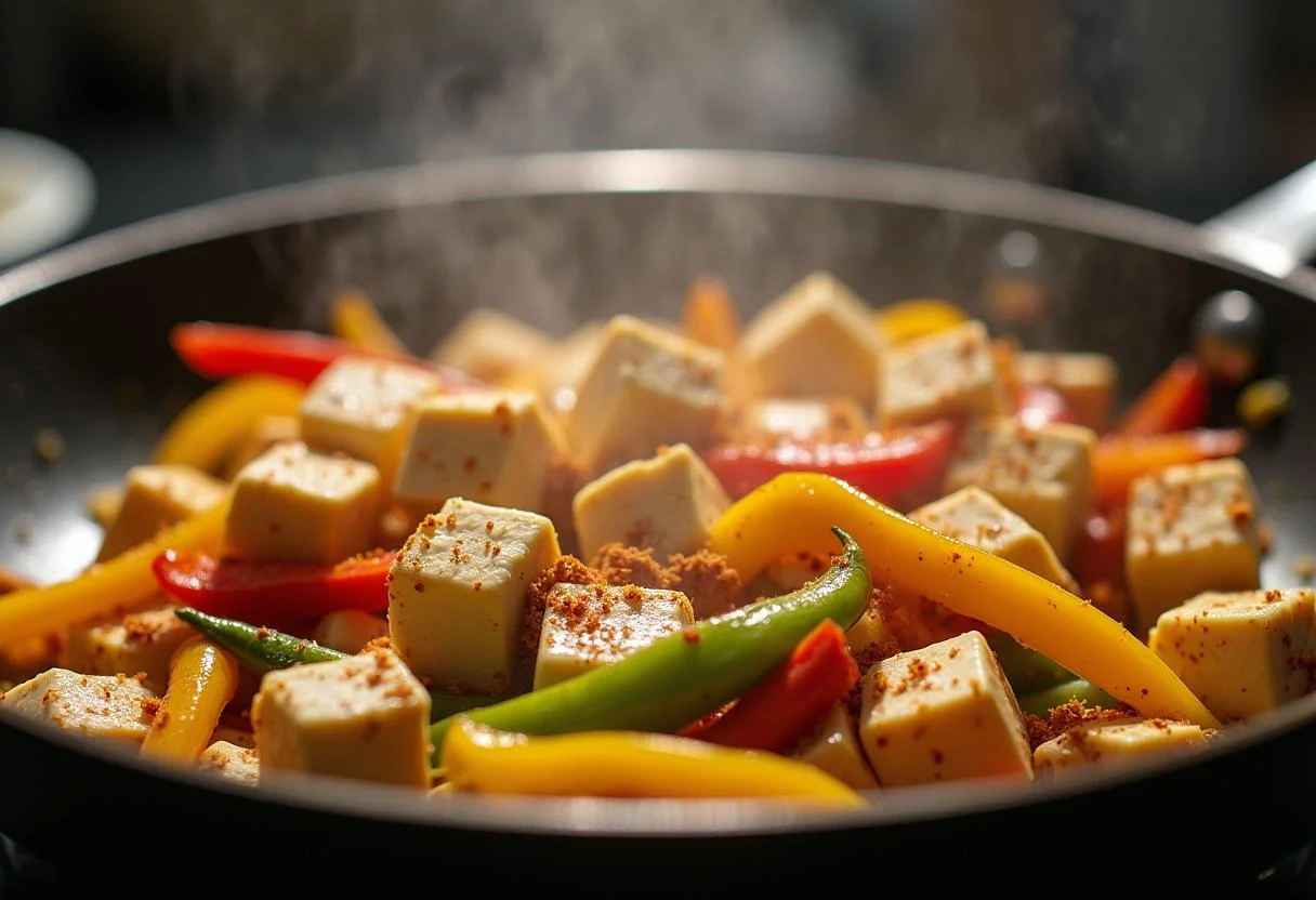 Cooking diced paneer and bell peppers for Quantico Priyanka Chopra Jonas's Spicy Paneer Wraps, boasting vibrant colors and rich flavors.