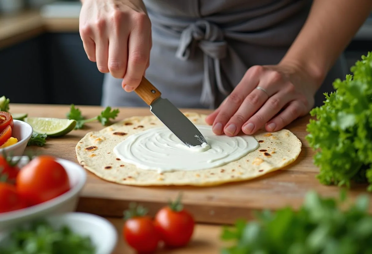 Preparing yogurt sauce on a tortilla for Quantico Priyanka Chopra Jonas's Spicy Paneer Wraps, with fresh vegetables enhancing the presentation.