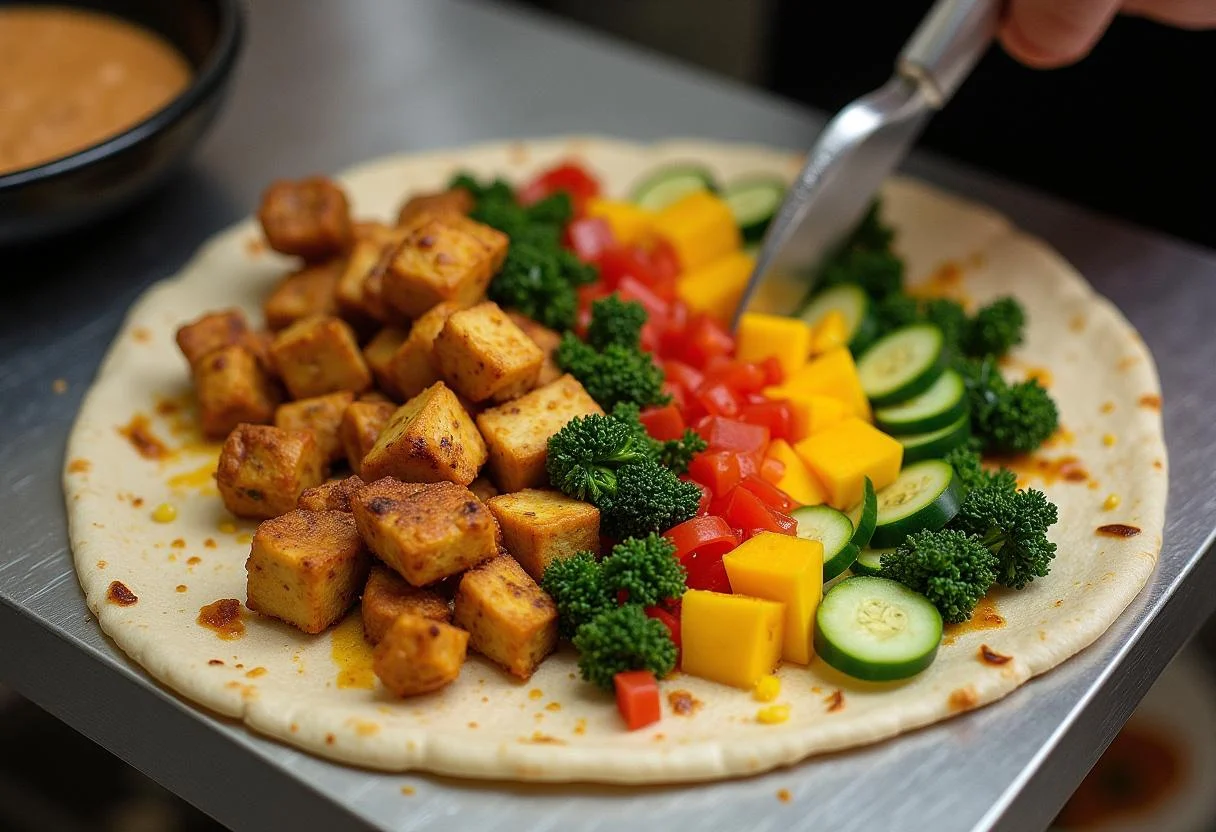 Layering colorful ingredients for Quantico Priyanka Chopra Jonas's Spicy Paneer Wraps, ensuring a perfect balance of flavors and textures.
