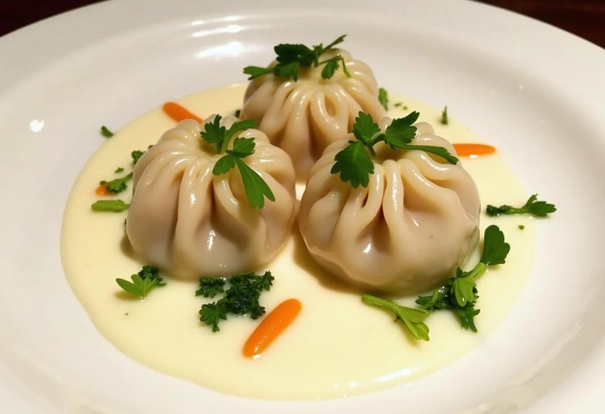 Final presentation of Red Sparrow Jennifer Lawrence's Dominika's Deconstructed Dumplings on a plate, artistically garnished with herbs and sauce, capturing the essence of the dish.