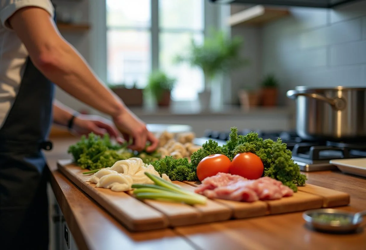 Ingredients preparation for Red Sparrow Jennifer Lawrence's Dominika's Deconstructed Dumplings, including fresh vegetables and meat in a bright kitchen.