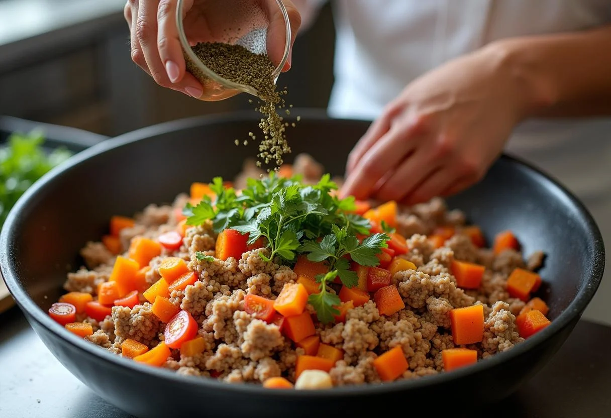 Mixing filling for Dominika's Deconstructed Dumplings from Red Sparrow with fresh herbs and spices, showcasing vibrant colors in the kitchen.