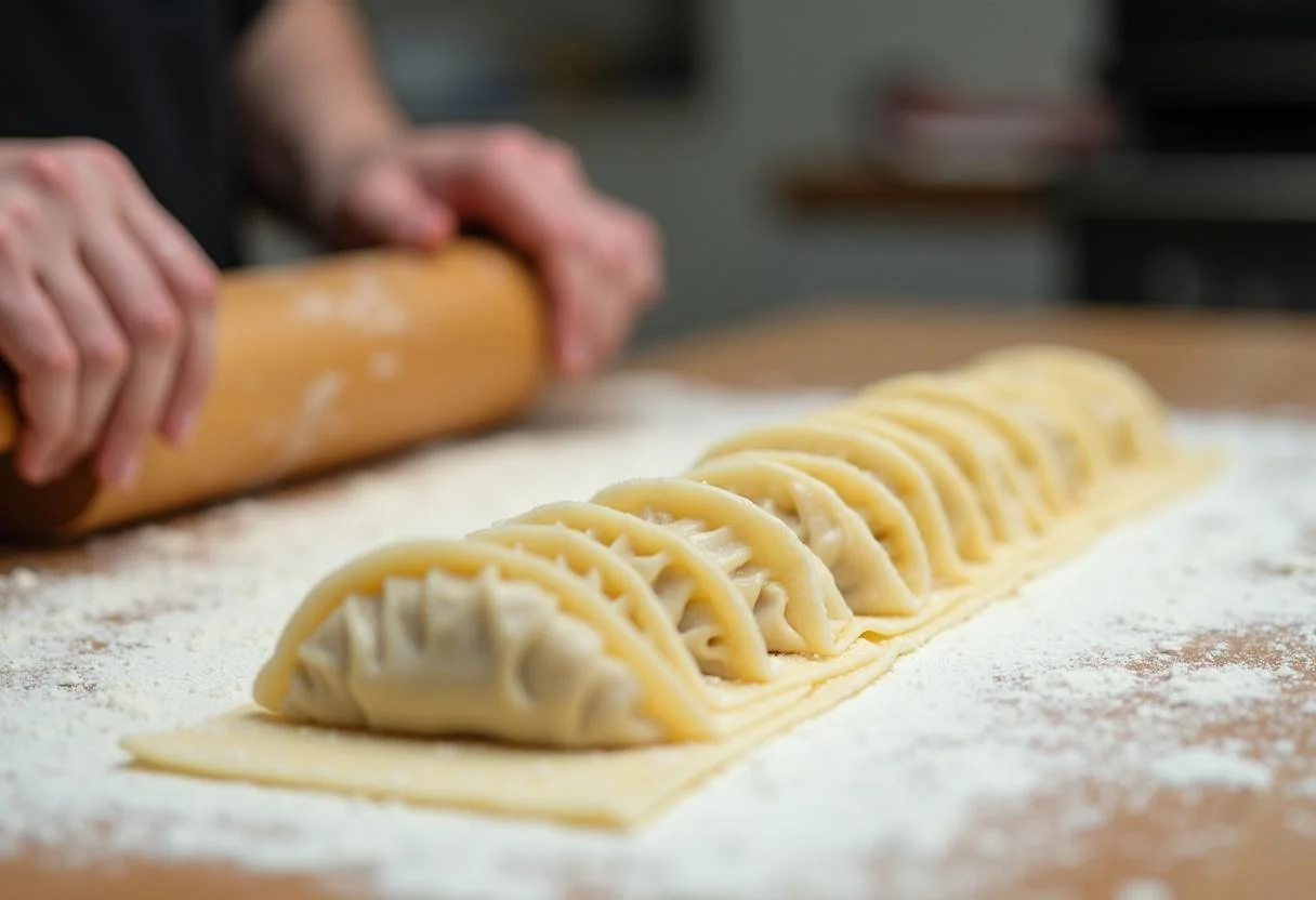 Rolling out fresh dumpling wrappers for Jennifer Lawrence's Dominika's Deconstructed Dumplings, illustrating the preparation process in a cozy kitchen.