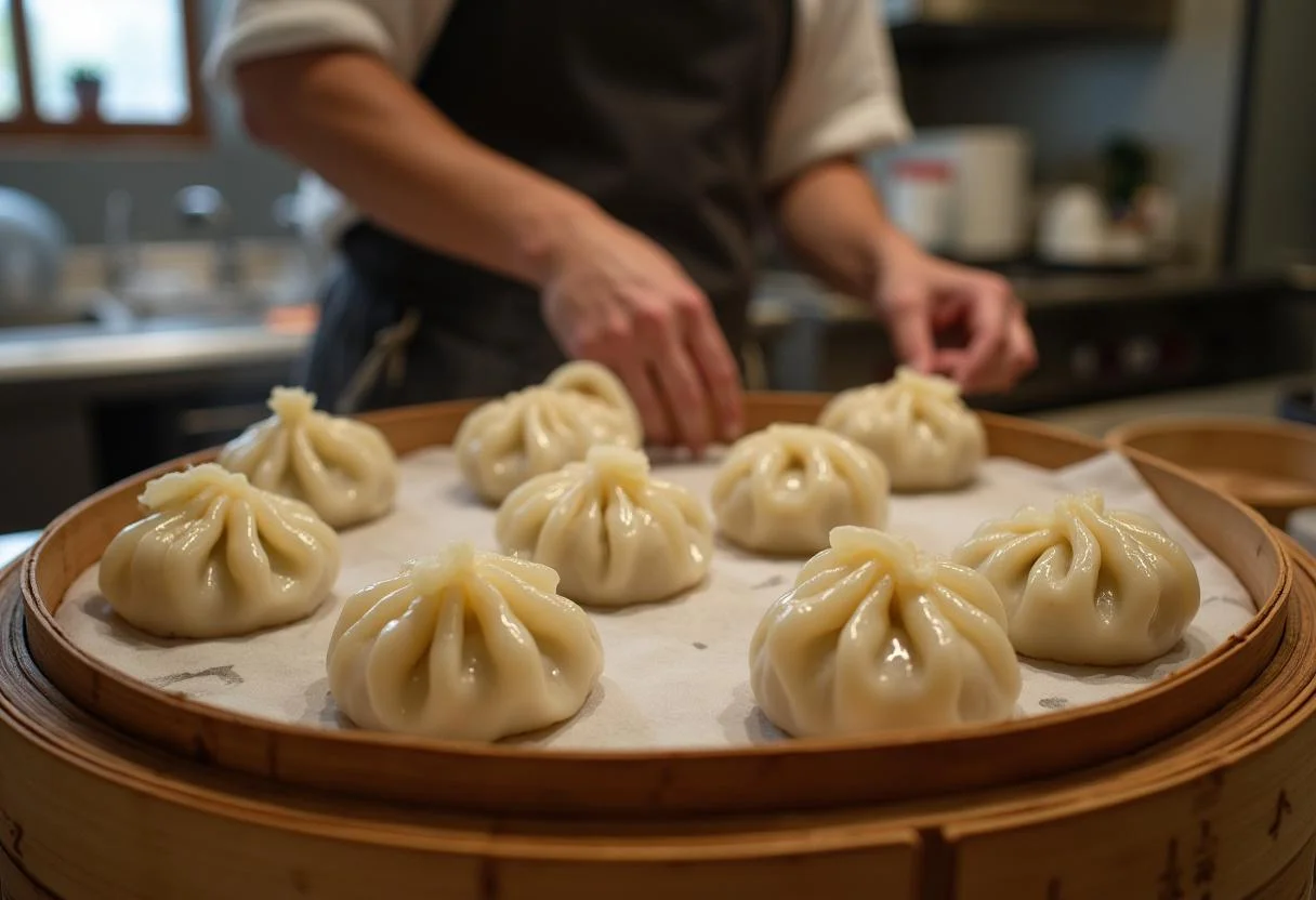 Arranging filled dumplings for Red Sparrow's Dominika's Deconstructed Dumplings in a steaming basket, showcasing the preparation of a delicious dish.