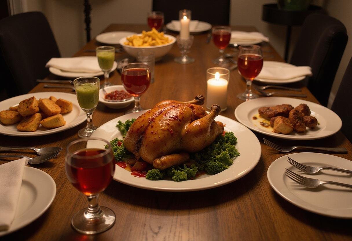 Final presentation of Riverdale Archie's Red Headed Rockstar Roast Chicken served on an elegantly styled dining table.