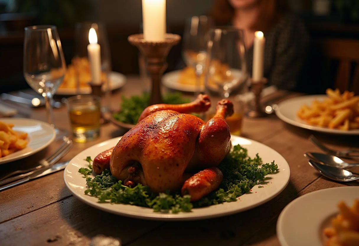 Final presentation of Riverdale Archie's Red Headed Rockstar Roast Chicken served on an elegantly styled dining table.