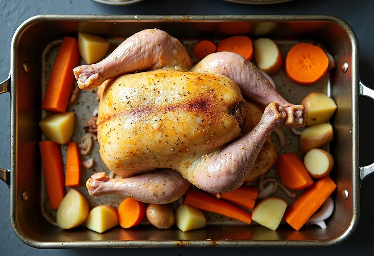 Preparing the roasting pan for Riverdale Archie's Red Headed Rockstar Roast Chicken with fresh vegetables.