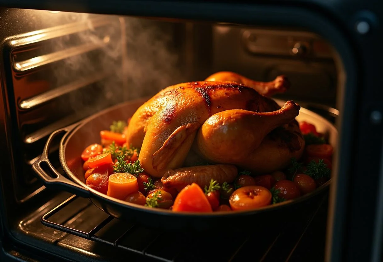Golden roast Riverdale Archie's Red Headed Rockstar Roast Chicken inside the oven surrounded by delicious vegetables.