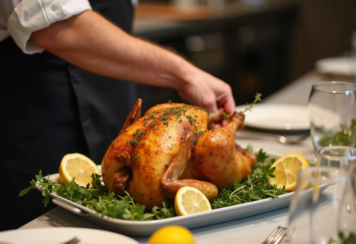 Serving Riverdale Archie's Red Headed Rockstar Roast Chicken on a platter garnished beautifully.