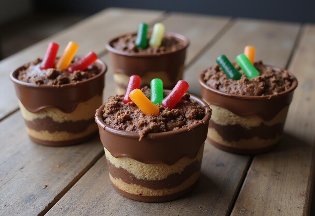 Delicious Riverdale Ghoulies Gummy Worm Dirt Cups ready for Halloween, featuring layers of pudding, cookie dirt, and vibrant gummy worms.