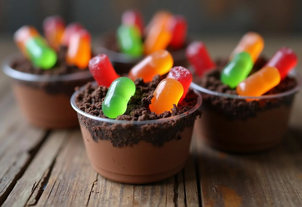 Delicious Riverdale Ghoulies Gummy Worm Dirt Cups ready for Halloween, featuring layers of pudding, cookie dirt, and vibrant gummy worms.
