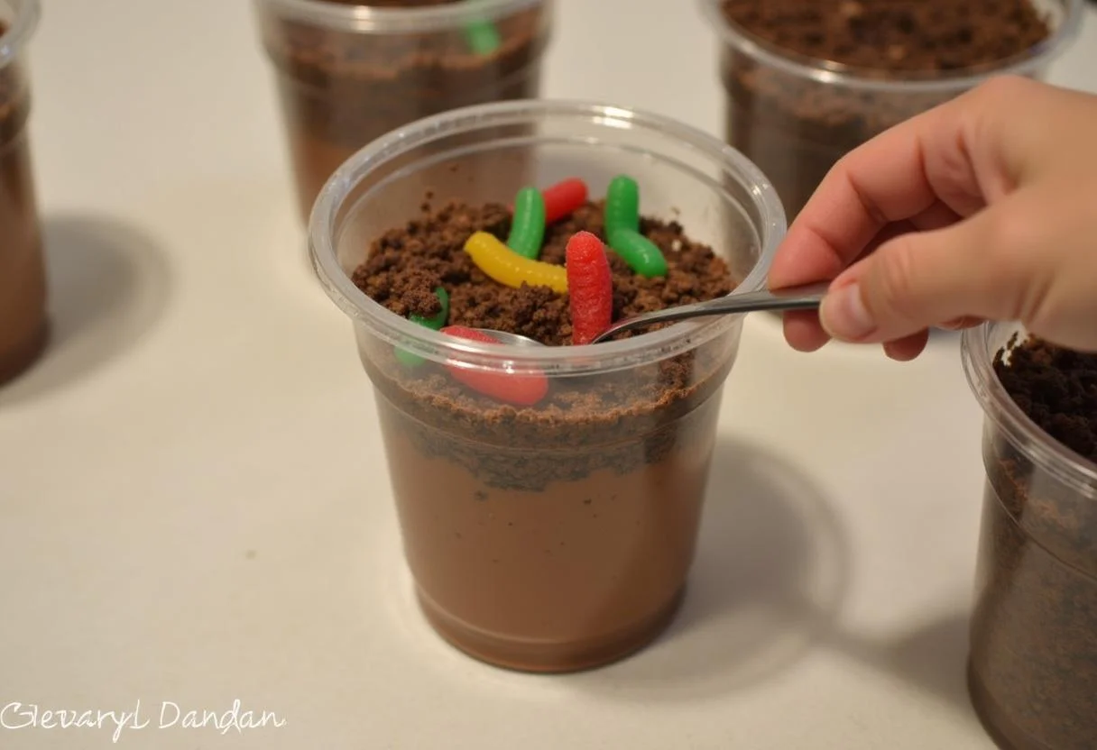 Layering chocolate pudding and cookie crumbs in cups to create Riverdale Ghoulies Gummy Worm Dirt Cups.