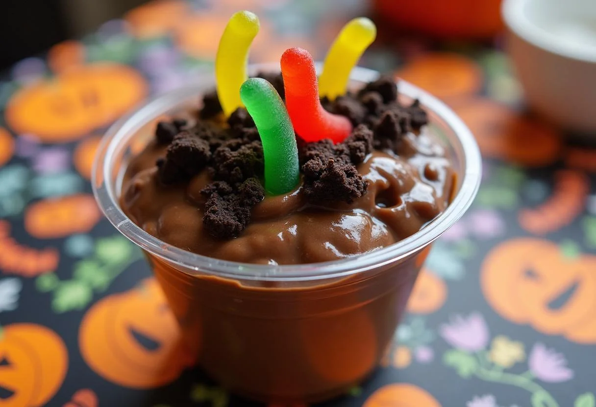 Decorating Riverdale Ghoulies Gummy Worm Dirt Cups with gummy worms for a fun Halloween dessert.