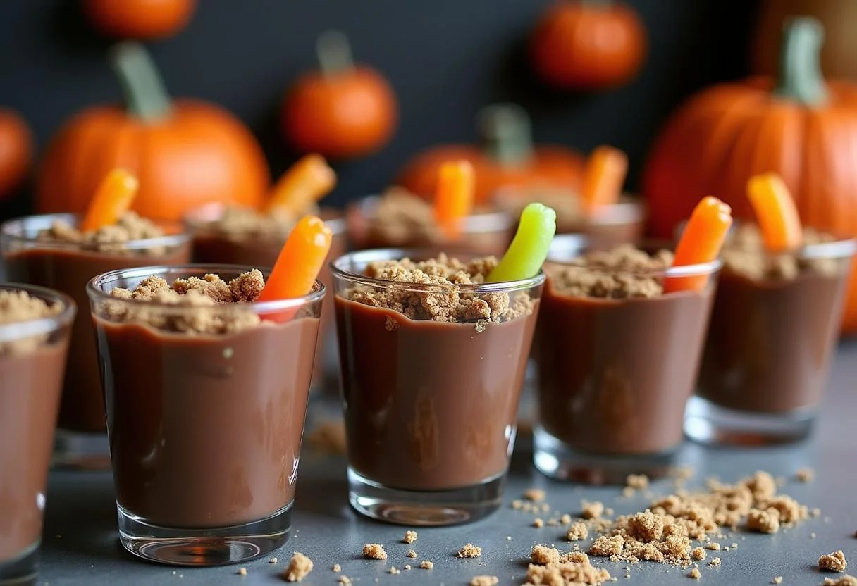 Serving Riverdale Ghoulies Gummy Worm Dirt Cups at a Halloween party, featuring fun and festive decorations.