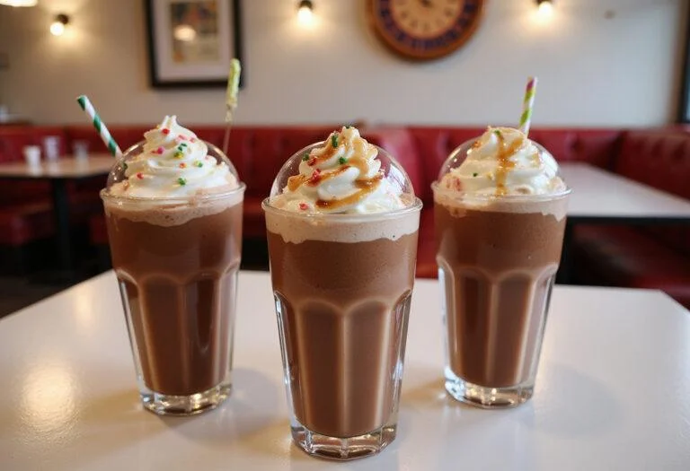 Final presentation of Riverdale Pop's Chock'lit Shoppe Milkshakes displayed on a diner table, perfect for indulgence.