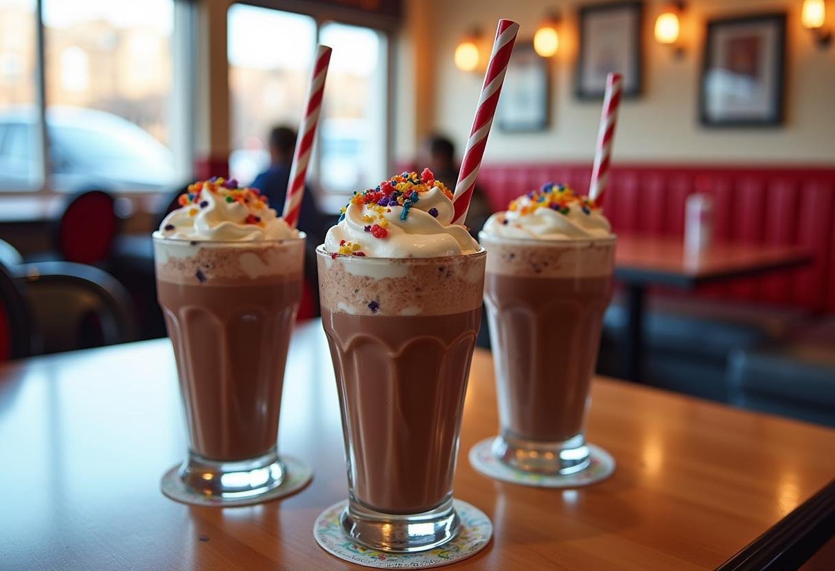 Final presentation of Riverdale Pop's Chock'lit Shoppe Milkshakes displayed on a diner table, perfect for indulgence.